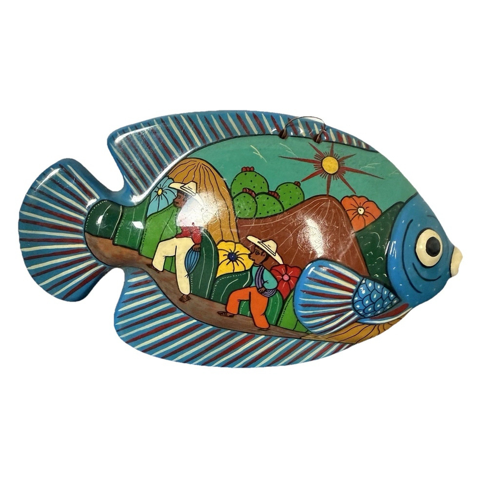 Vintage Mexican Folk Art Clay Pottery Hand Painted Fish Wall Hanging